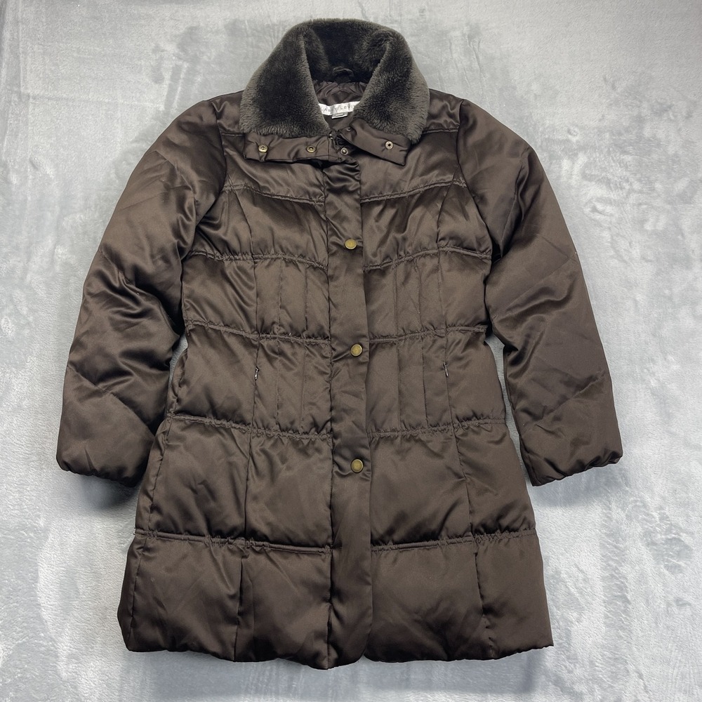 Larry Levine Puffer Jacket Womens M Brown Down Filled Sherpa Collar Snap Front